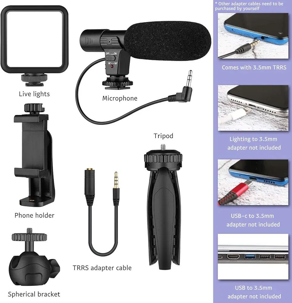 Professional Wireless Smartphone Microphone with LED Video Light & Mini Tripod | 3.5mm External Mic for iPhone Android | Vlogging, YouTube, TikTok, Live Streaming & Content Creation Kit