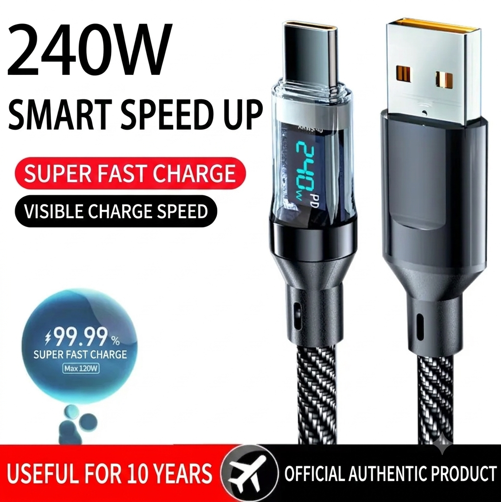 120W / 240W Digital Display Fast Charging Cable – Ultra-Speed USB & Type-C
