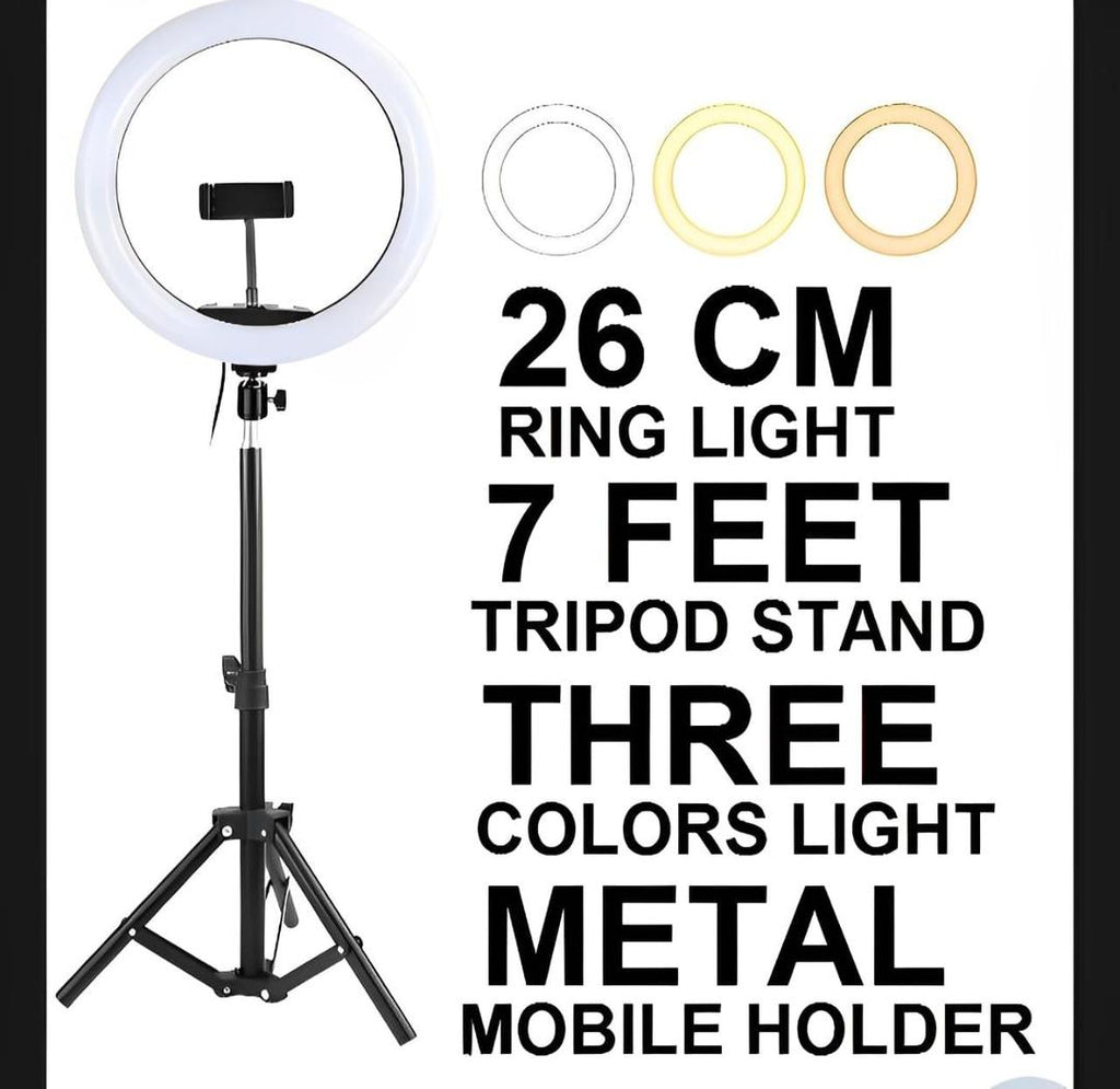 LED Ring Light 26cm with 7ft Adjustable Metal Tripod Stand, Mobile Phone Holder & 3 Color Modes