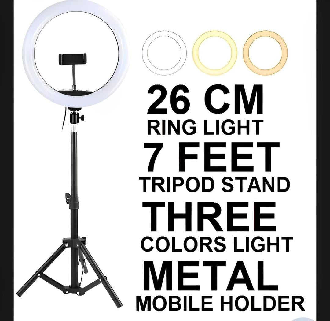 LED Ring Light 26cm with 7ft Adjustable Metal Tripod Stand, Mobile Phone Holder & 3 Color Modes
