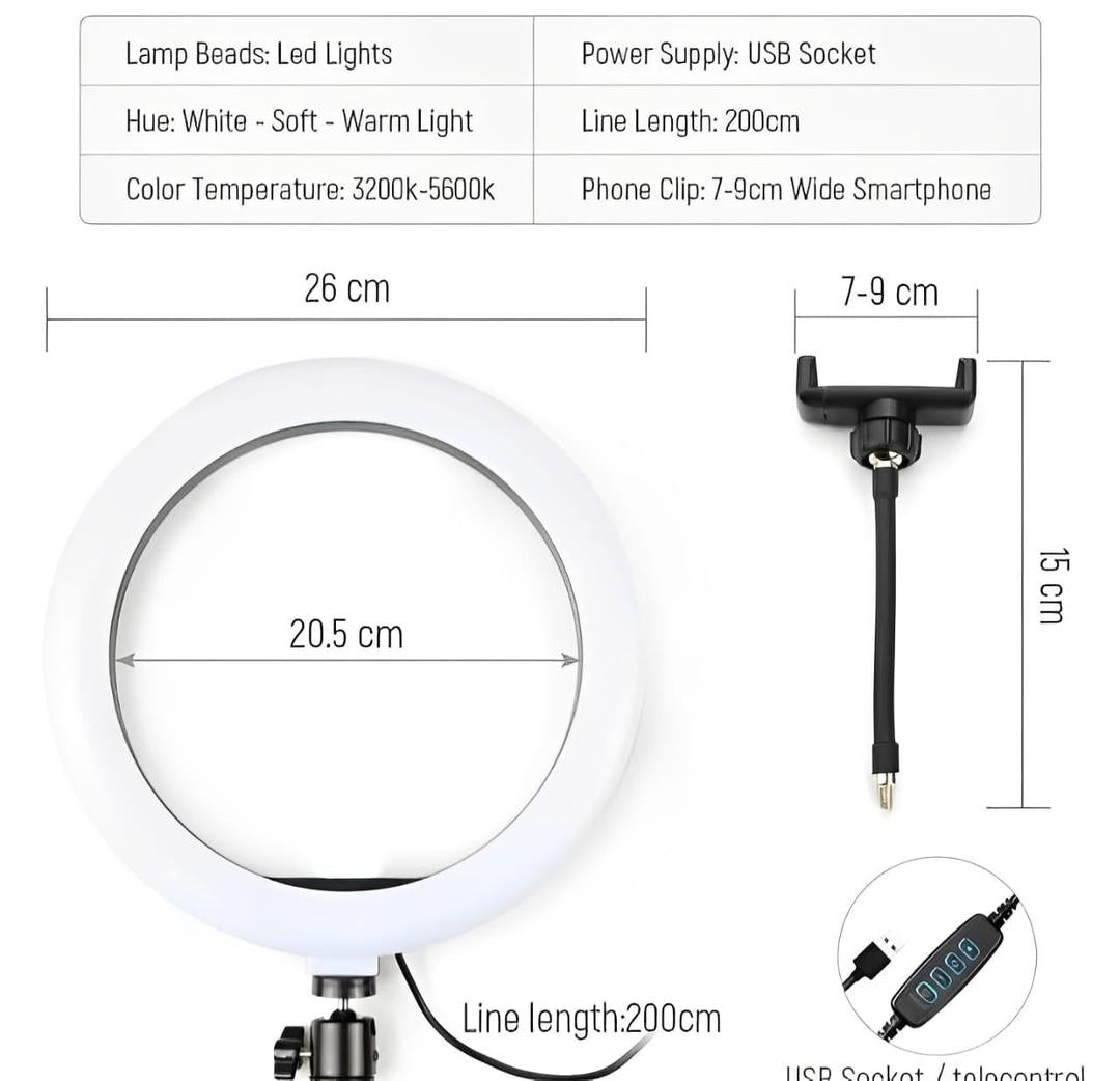 LED Ring Light 26cm with 7ft Adjustable Metal Tripod Stand, Mobile Phone Holder & 3 Color Modes