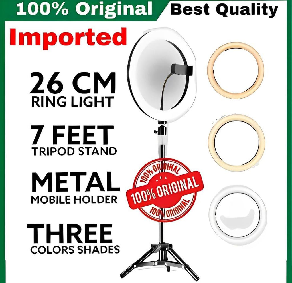 LED Ring Light 26cm with 7ft Adjustable Metal Tripod Stand, Mobile Phone Holder & 3 Color Modes