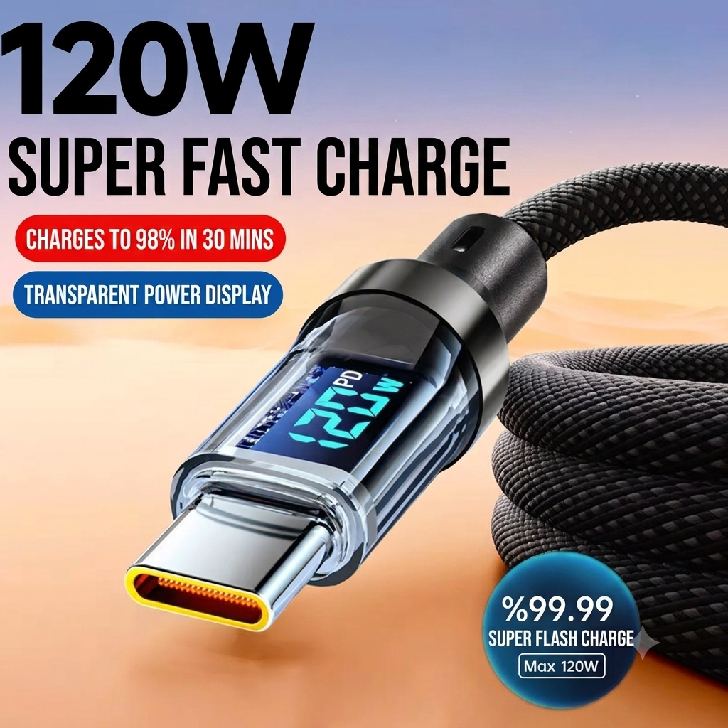 120W / 240W Digital Display Fast Charging Cable – Ultra-Speed USB & Type-C
