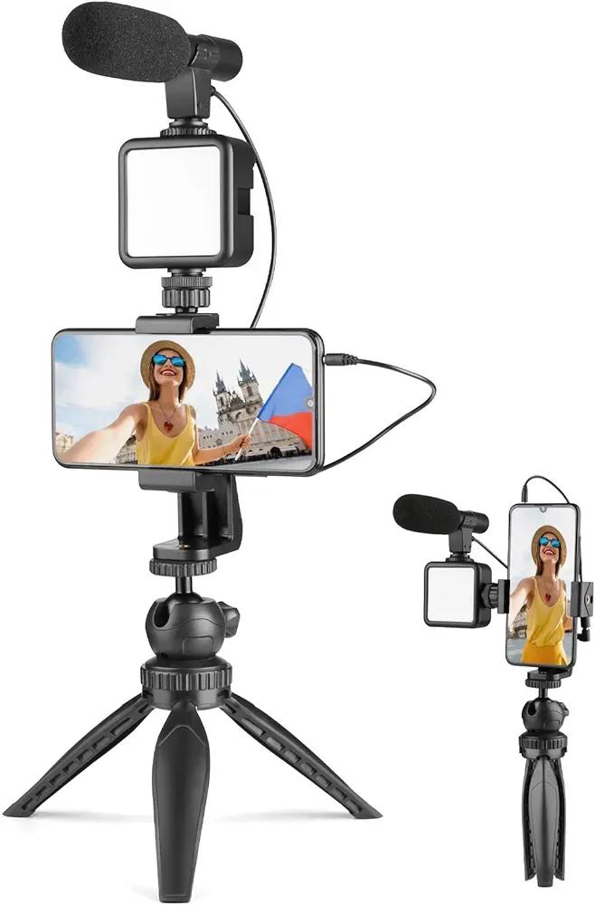 Professional Wireless Smartphone Microphone with LED Video Light & Mini Tripod | 3.5mm External Mic for iPhone Android | Vlogging, YouTube, TikTok, Live Streaming & Content Creation Kit